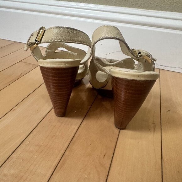 MAX STUDIO Cream Nude Platform Wood Heels Sandals Size 8.5 - Picture 10 of 14